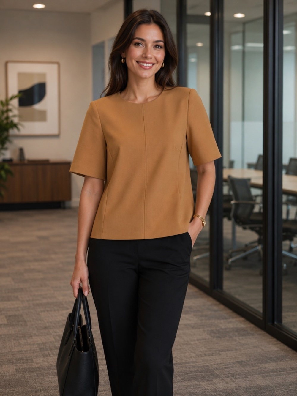 Judith & Charles short sleeve top mustard 8 wool office work corporate capsule